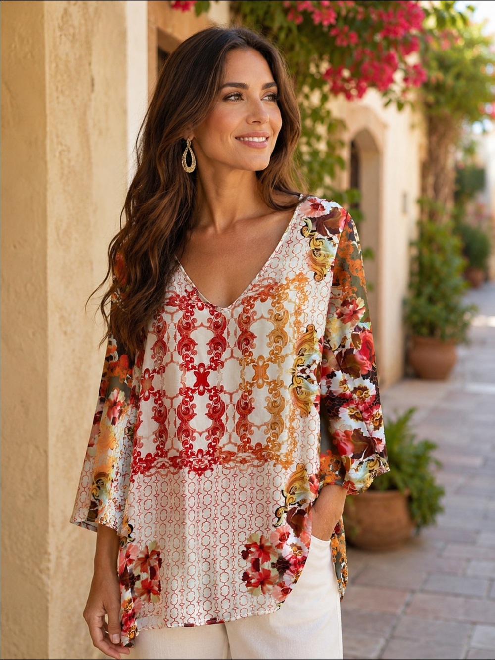 Jean Pierre Klifa Paris Silk Tunic Top Orange Multicolor Floral
Trellis Blouse S